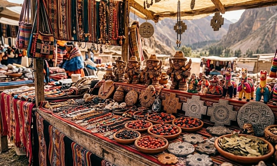 Amuletos andinos auténticos en mercado peruano