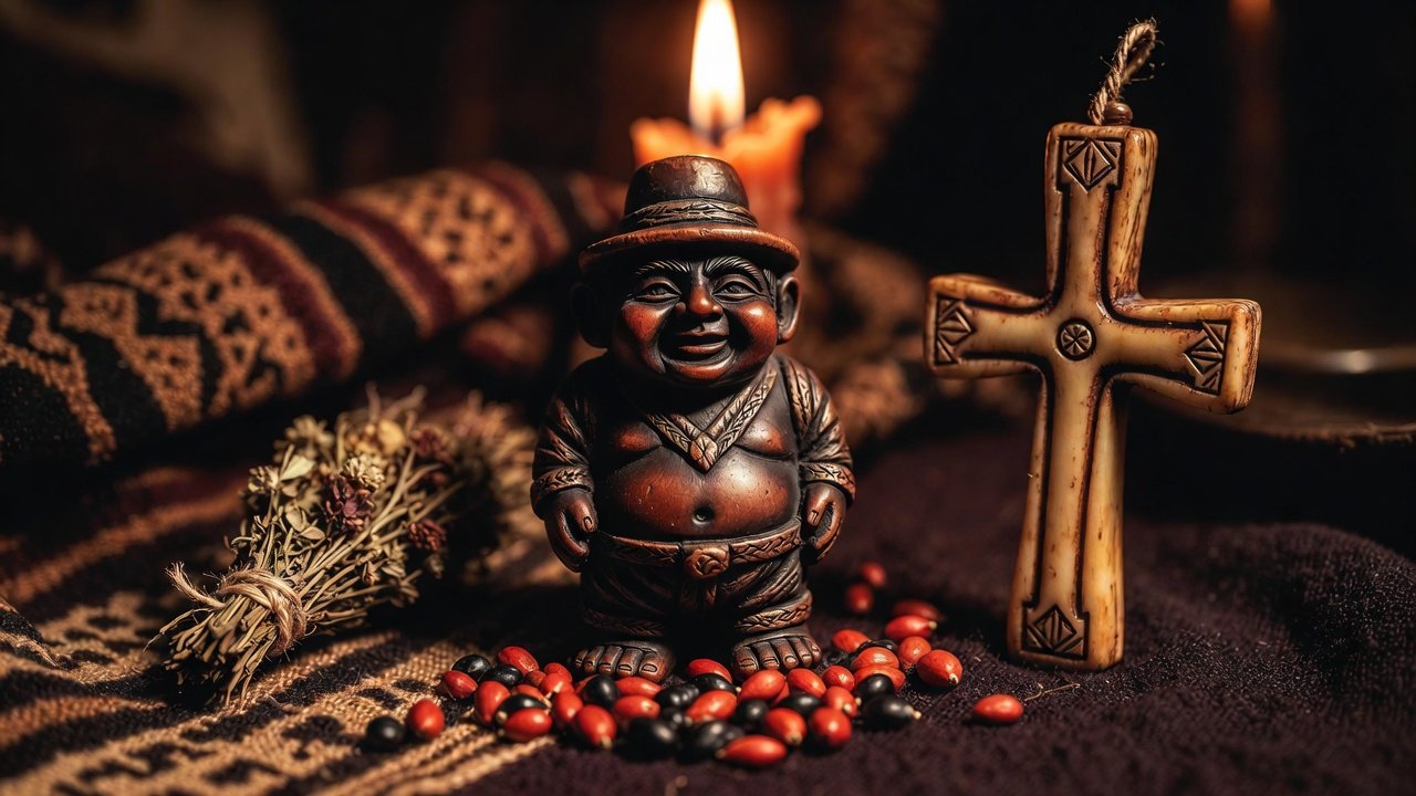 Amuletos andinos ekeko huayruro y chacana sobre manto andino