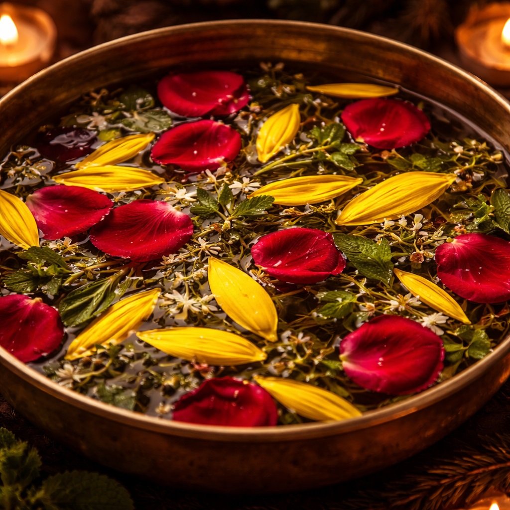 Preparación del baño de florecimiento con hierbas y flores hirviendo