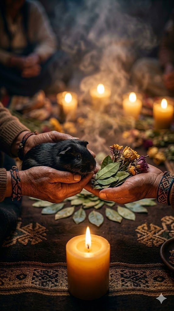 Manos de curandera andina realizando ritual de limpia con cuy negro
