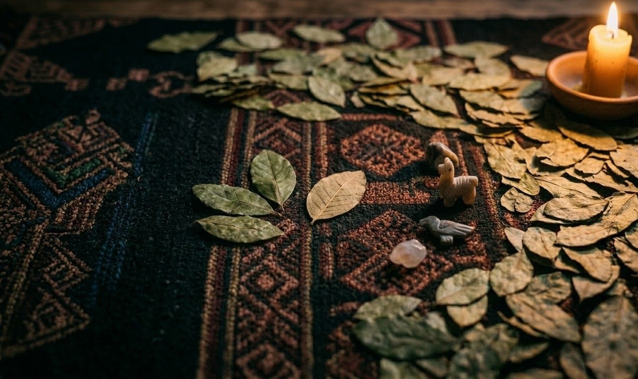 Hojas de coca sobre manto andino — lectura de amor e infidelidad