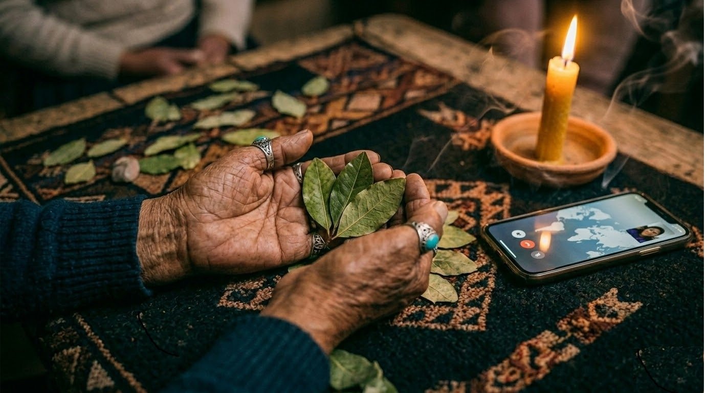 Hojas de coca sobre manto andino para lectura a distancia online