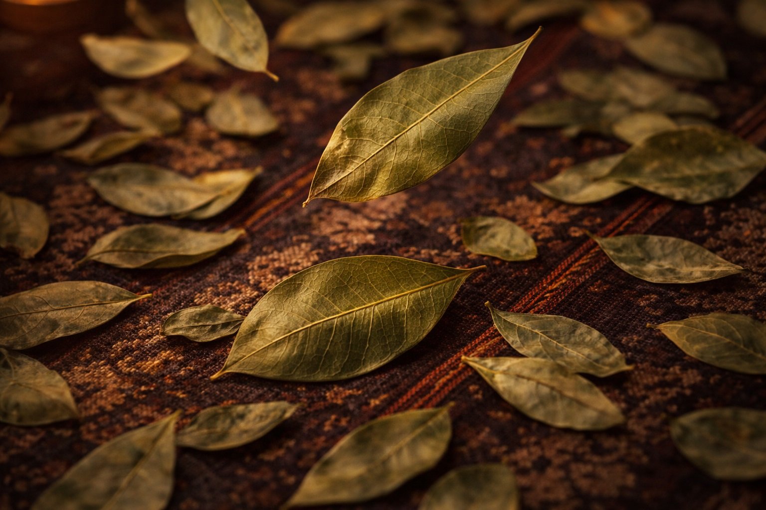 Close up hojas de coca verdes sobre manto de lectura espiritual andina