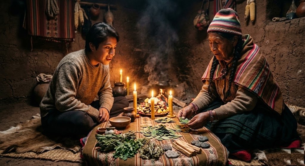 Joven consultando lectura de hojas de coca - tradición andina vigente hoy
