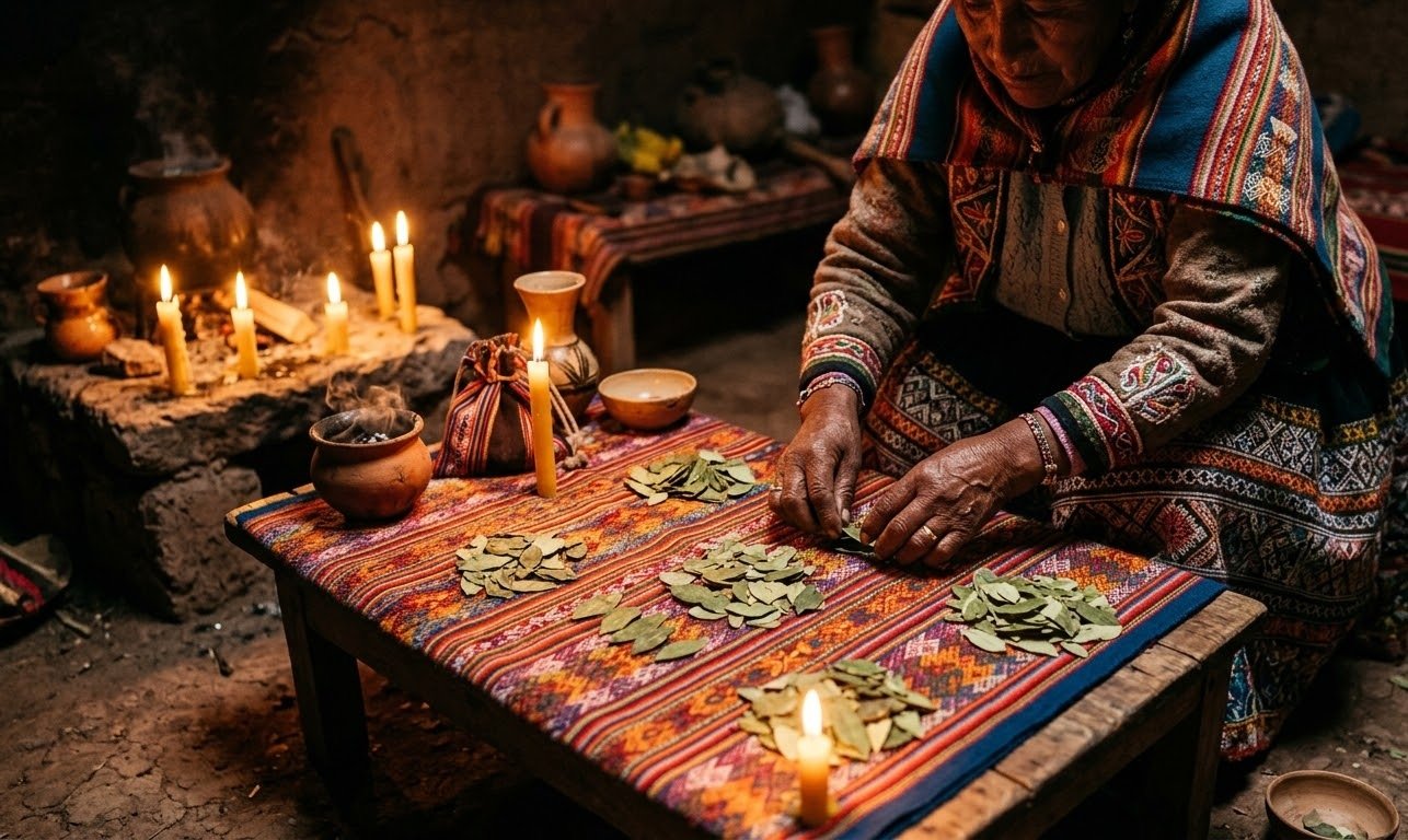 Lectura de coca en Perú — lectora auténtica Yesi Romero en Tacna con linaje andino familiar
