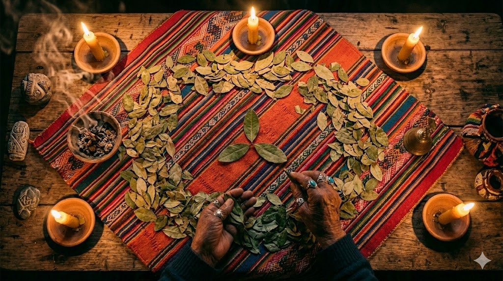 Lectura de hoja de coca sobre manto andino — sesión con preguntas frecuentes