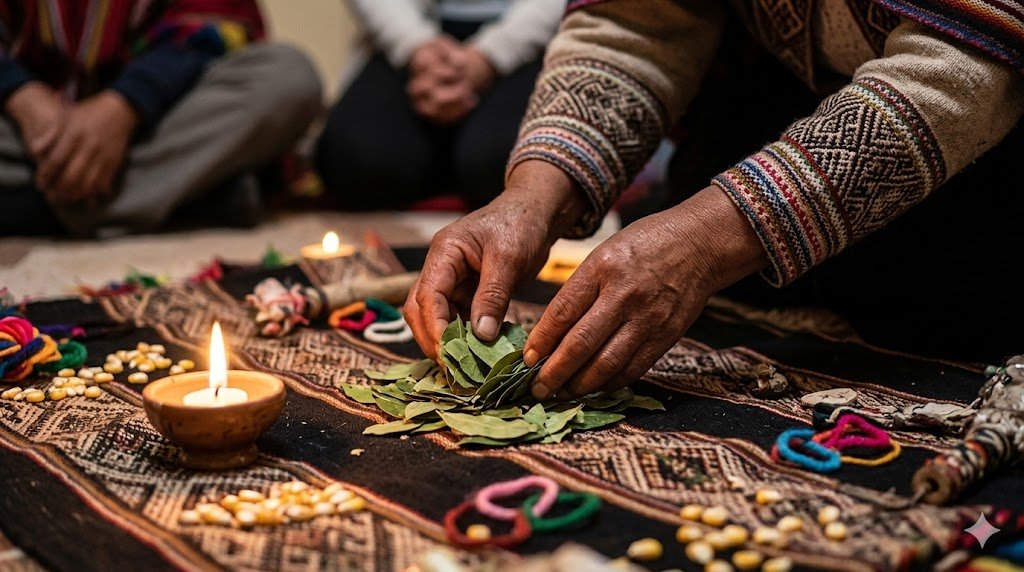Lectura de coca sobre manto ritual — manos de Yesi Romero interpretando las hojas sagradas