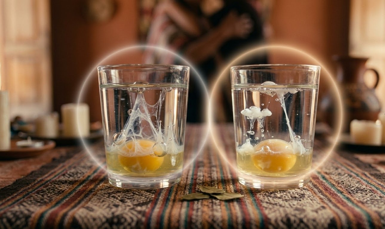 Dos vasos con resultado de limpia con huevo en agua