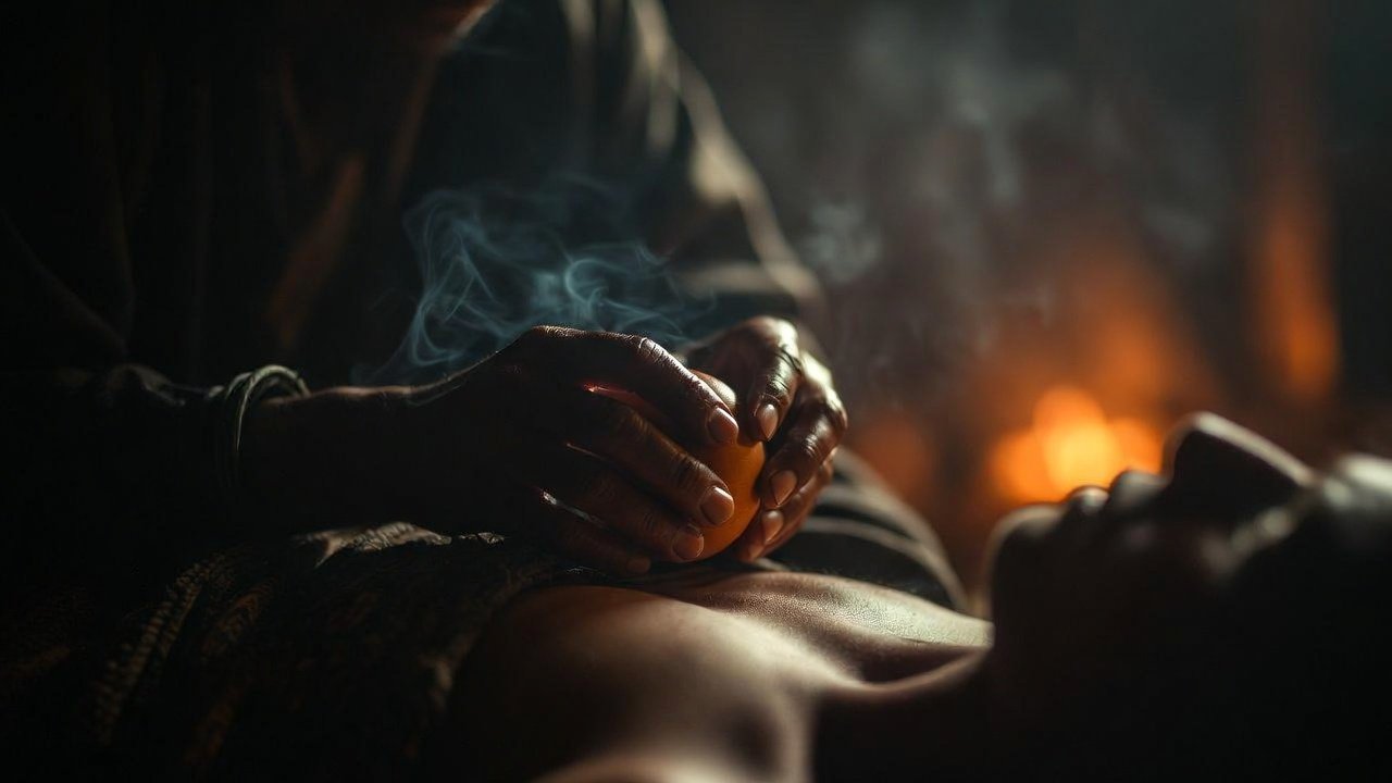 Curandera andina realizando limpia con huevo sobre una persona