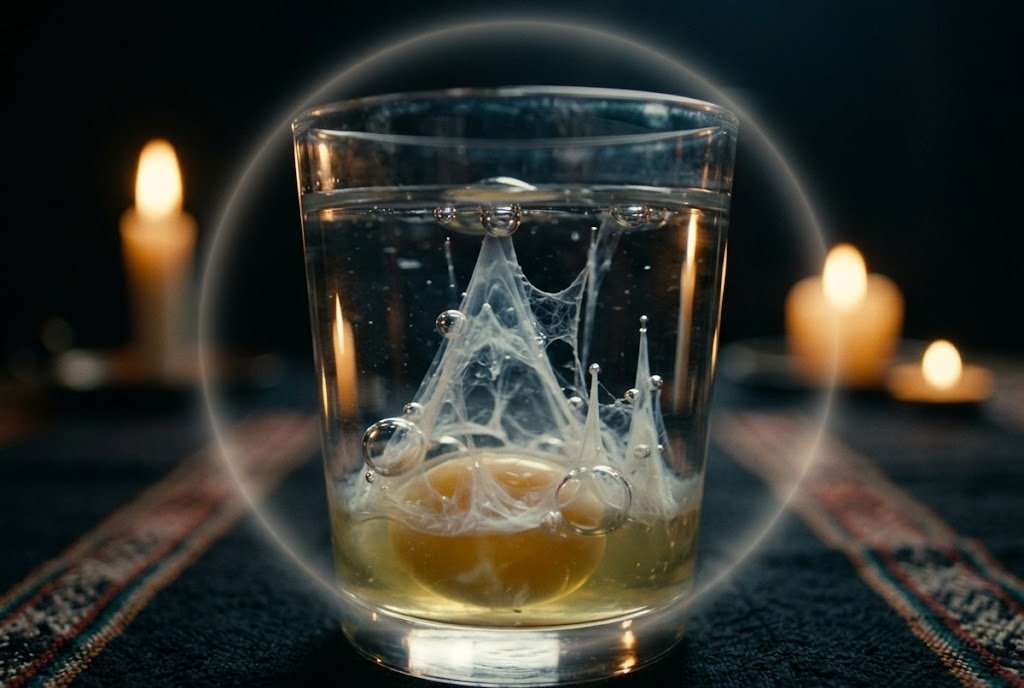 Resultado de limpia con huevo en vaso de agua mostrando formas en la clara