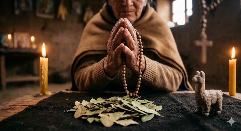 Manos en oración junto a hojas de coca — fe y tradición andina