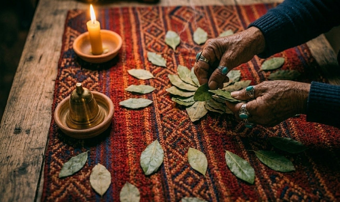 Manto andino en forma de rombo para la lectura de hojas de coca