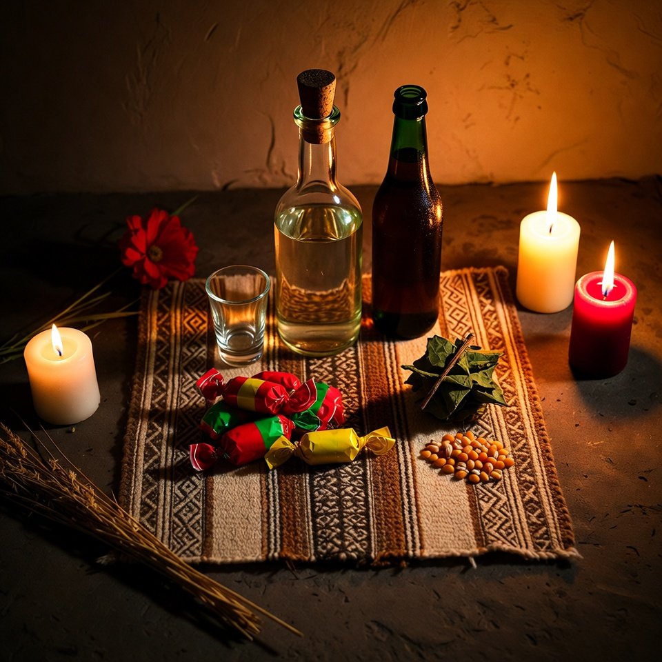 Mesa ritual del Pago a la Tierra con ofrendas a la Pachamama