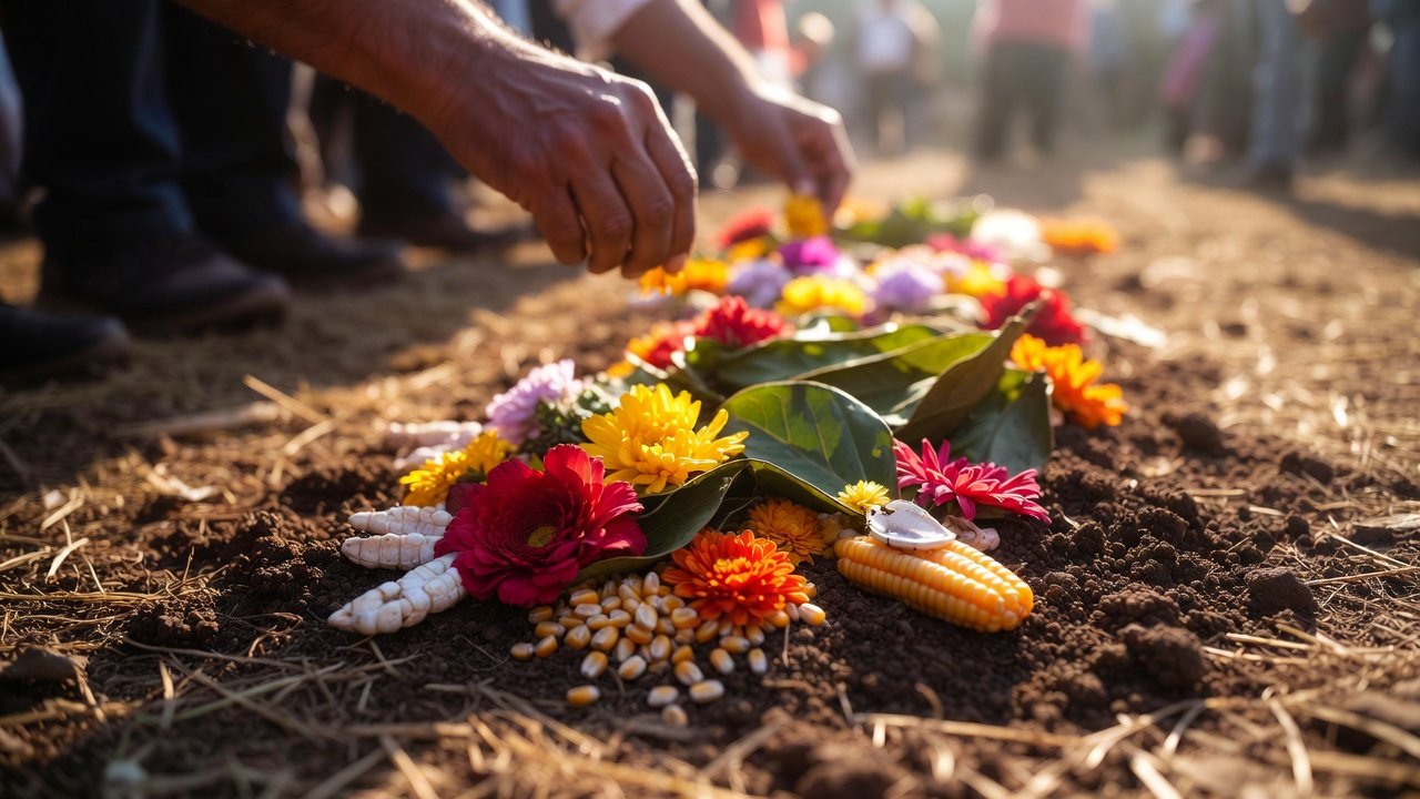 Ofrenda a la Pachamama con flores, coca y elementos andinos