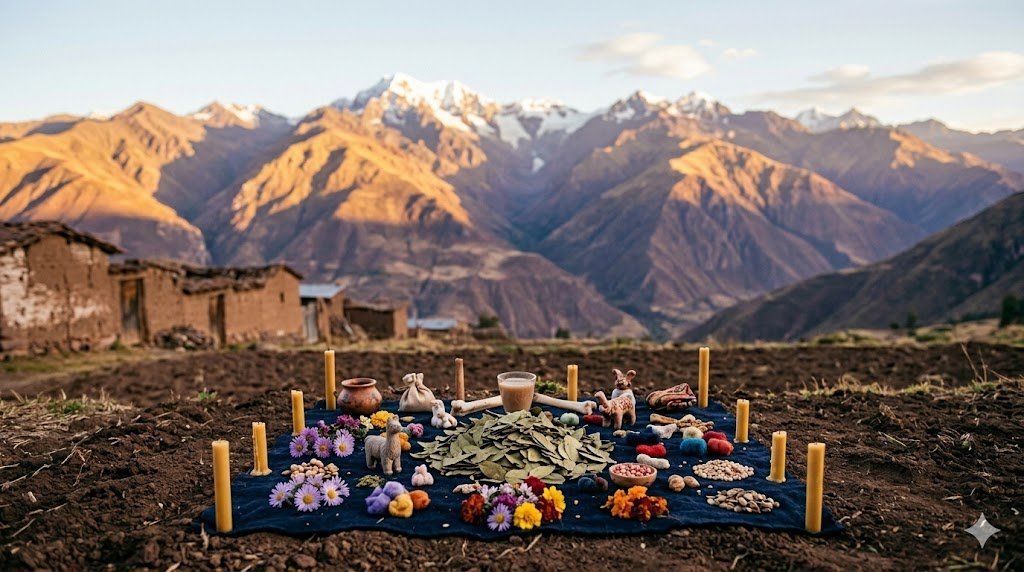 La Pachamama — Madre Tierra andina con ofrendas y ritual